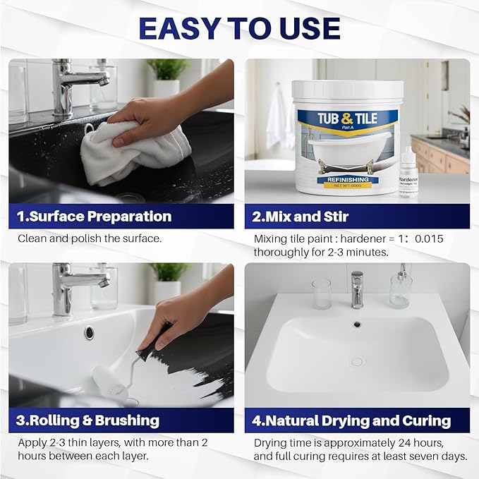 Tub and Tile Paint Refinishing Kit, 17oz Bathtub Refinishing Kit with Tools, DIY Tub Paint White for Bathtub, Shower, Kitchen Countertop, Porcelain, Easy to Cover & Low Odor