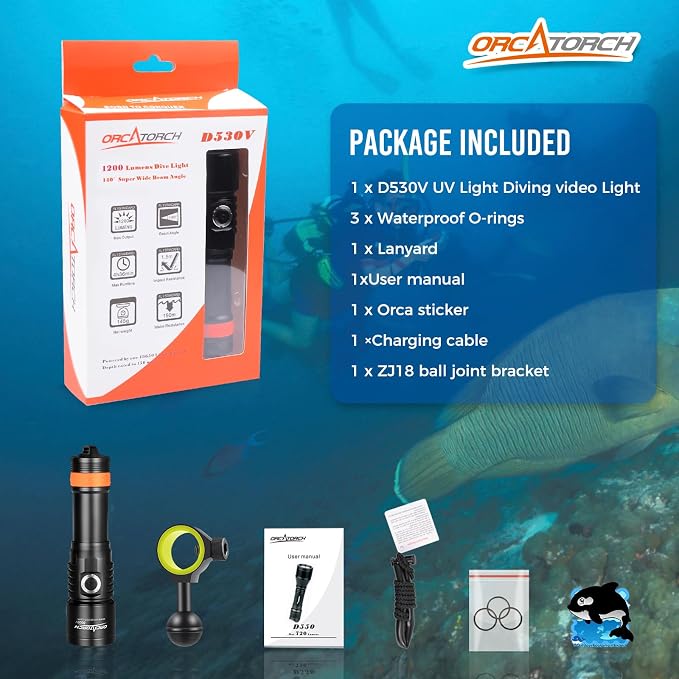 ORCATORCH D530V 395nm Fluorescent Dive Light for Scuba, 2 Modes, 120° Wide Beam Blacklight for Underwater Photography, Coral Detection & Resin Curing