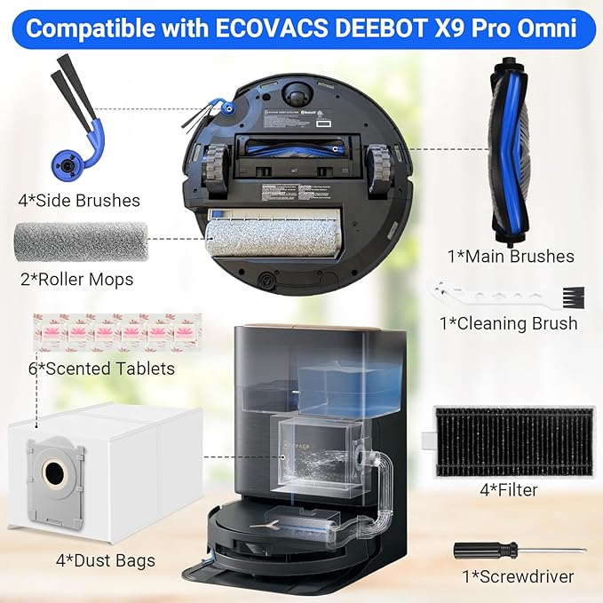 Pure Realm 23 PCS X9 Pro Omni Replacement Parts for Ecovacs Deebot X9 Pro Omni Vacuum Cleaner Parts with 1Roller Brush,2 Mop,4 HEAP,4 Dust Bags,4 Side Brushes,1 Screwdrivers,1 Clean Brush