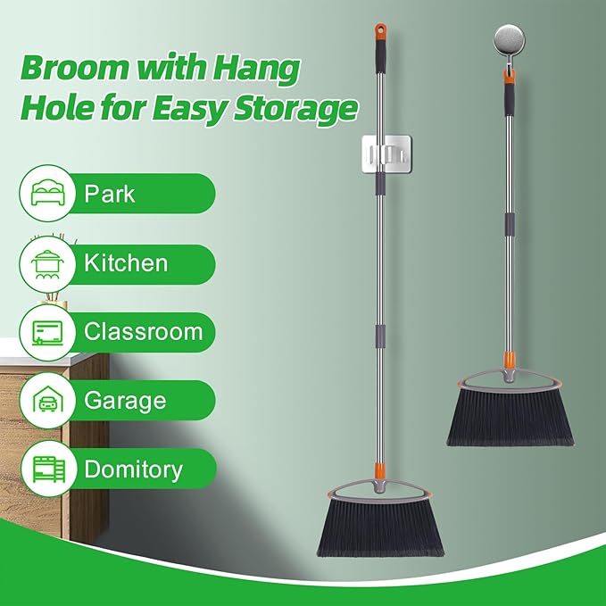 2 Pack Soft Bristle Broom for Pet Hair, Heavy Duty Collapsible Sweeping Broom for Indoor Hardwood Floors, Outdoor Deck, Kitchen, Patio, Stainless Steel Handle, Gray
