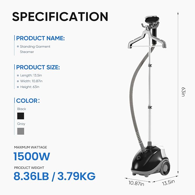 Garment Steamer for Clothes Standing, 1500W Efficient Clothes Steamer Standing with Wheels, Professional 58OZ Water Tank for Continuous Steaming, Fast Heating Wrinkle Remover