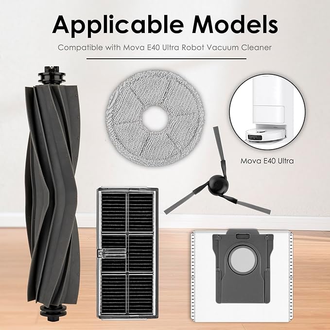(24 Pieces) Mova E40 Ultra Robot Replacement Parts Compatible with Vacuum Cleaner, 2 Roller Brushes, 6 Mop Pads, 5 HEPA Filters, 5 Dust Bags, 6 Side Brushes, E40 Ultra Accessories Kit