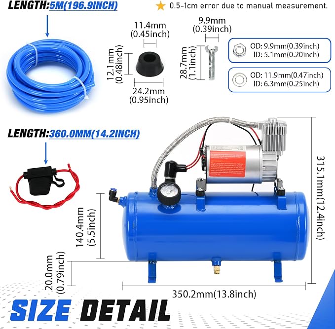 PTNHZ DC 12V MAX 150PSI Air Compressor Tank Pump w/6 Liter 1.6 Gallon Tank For Train Truck Boat Pickup Motorhome Portable Air Compressor Pump
