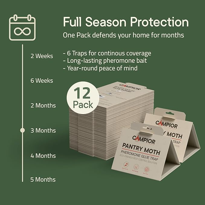 Pantry Moth Traps with Pheromones (12 Pack) – Non‑Toxic, Odor‑Free Sticky Glue Traps for Pantry Moth Treatment & Prevention, Targets Web‑Spinning Food Moths, for Kitchens & Food Storage