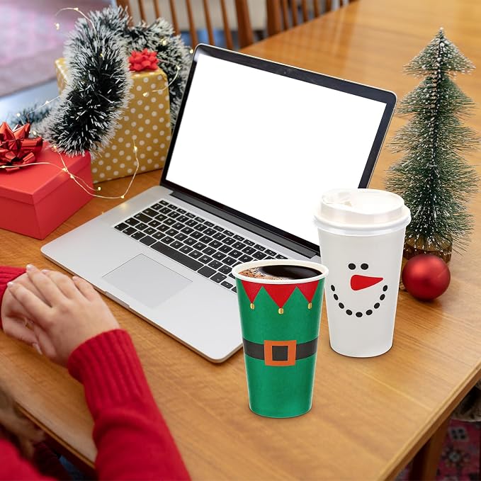 Dandat 16 oz 148 Pcs Christmas Coffee Paper Cups with Lids Disposable Christmas Paper Cups for Hot Cocoa Tea Beverage Holiday Xmas Party Supplies
