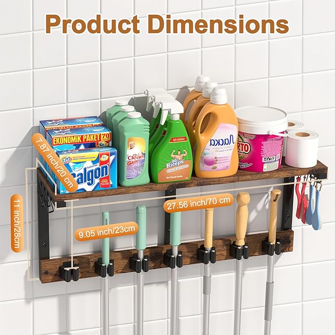 Housolution Broom Holder Wall Mount with Cleaning Supplies Organizer, 100 LBS High Load-Bearing Laundry Room Storage Shelves, Multifunctional Mop Hanger Rack with 7 Grippers & 8 Hooks