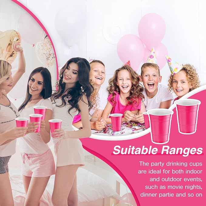 Lounsweer 100 Pcs 16 oz Disposable Party Cups Plastic Heavy Duty Drinking Water Cups for Birthday Baby Shower Wedding BBQ Picnic Party Supplies(Pink)