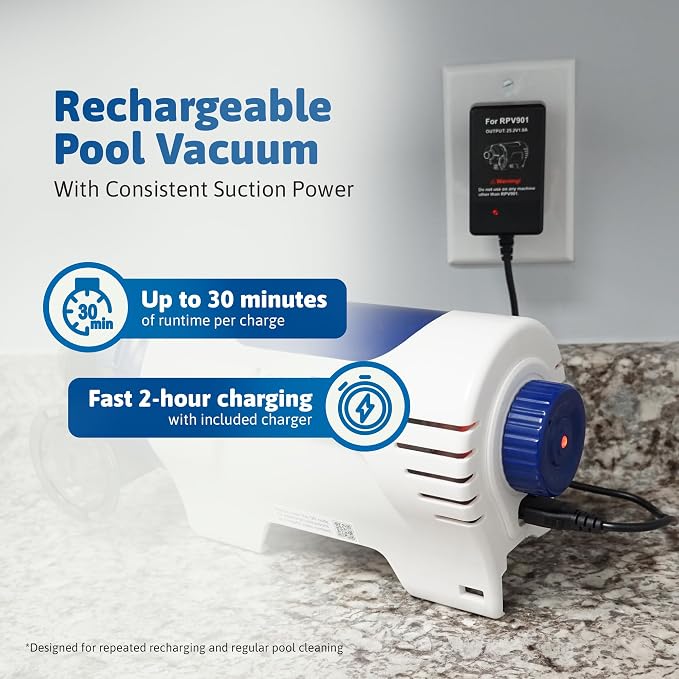 Aqua EZ RPV901 Rechargeable Pool Vacuum – Cordless, Consistent Runtime, Works in All Pools, Includes 2 Vacuum Heads, Compatible with All Standard Vac Heads, Attaches to Any Pool Pole