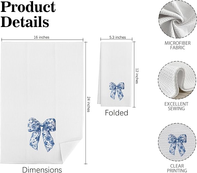 Coquette Pink Blue Bow Chinoiserie Decor Hand Towels for Bathroom,Preppy Blue and White Coastal Cowgirl Kitchen Towels, Women Teen Girls Gifts,16 x 24 inches Set of 4