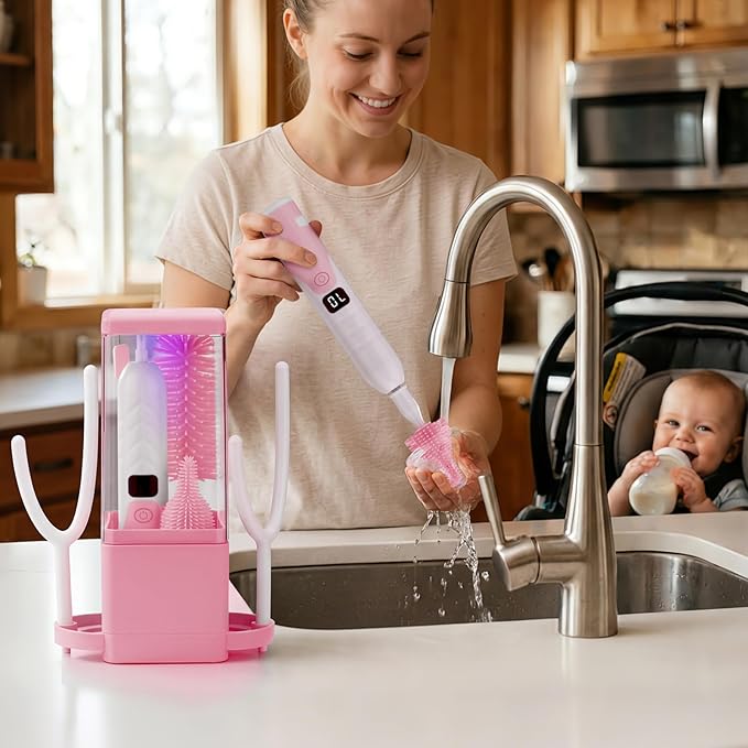 Electric Bottle Brush Cleaner with Drying Rack & LED Display, Rechargeable Baby Bottle Cleaning Kit, 360° Automatic Bottle Washer for Travel & Home, Silicone Spin Brush Set for New Parents, Pink