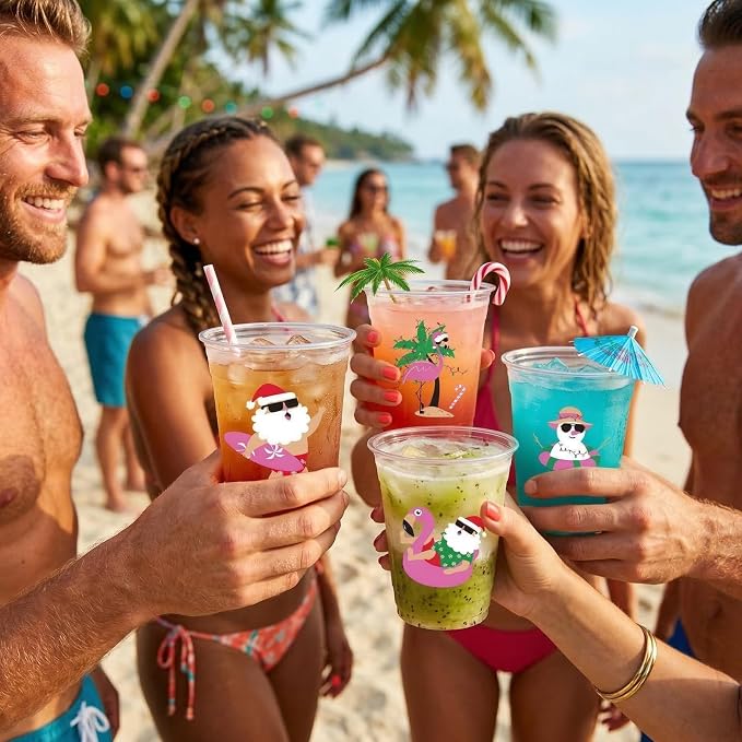 Rngmsi July Christmas Plastic Cups - 50 Pcs Christmas Decorations for Party, 12 OZ Summer Disposable Cups, Xmas Party Supplies Favor