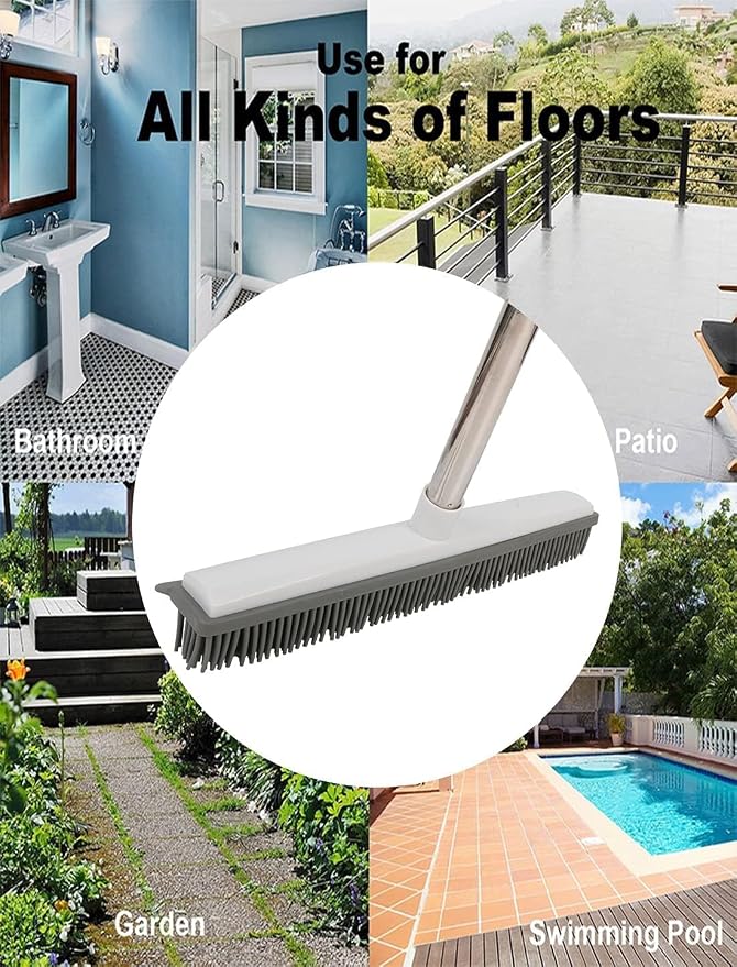Pet Hair Rubber Broom with Squeegee for Carpet,Fur Remover Broom Carpet Rake for Pet Hair Removal, with 50" Long Handle, Dual-Sided for Hardwood Floor, Tile,Portable Detailing Lint Brush White