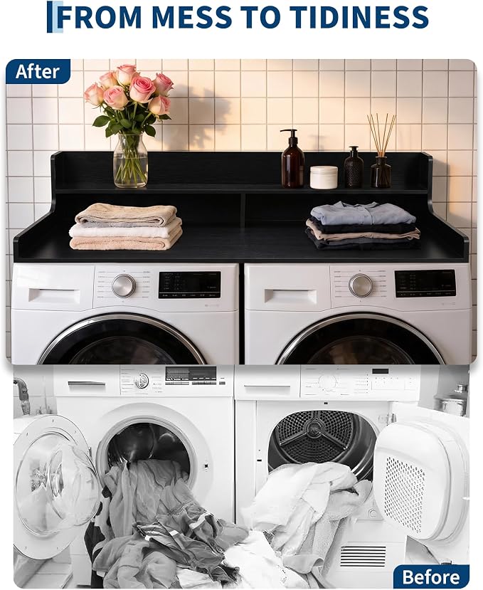 Takywep 2 Tiers Washer Dryer Countertop, 54" x 27.5" Washer Dryer Topper with Edge, Washer and Dryer Laundry Topper with Anti-Slip Pads & Anti-Vibration Mat, Black