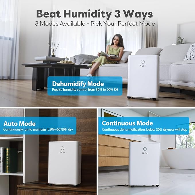 FreAire 2500Sq.Ft Dehumidifier, 34Pint Dehumidifiers for Home,Bathroom,with 6.56FT Drain Hose,0.66Gal Water Tank,3-Color Humidity Light