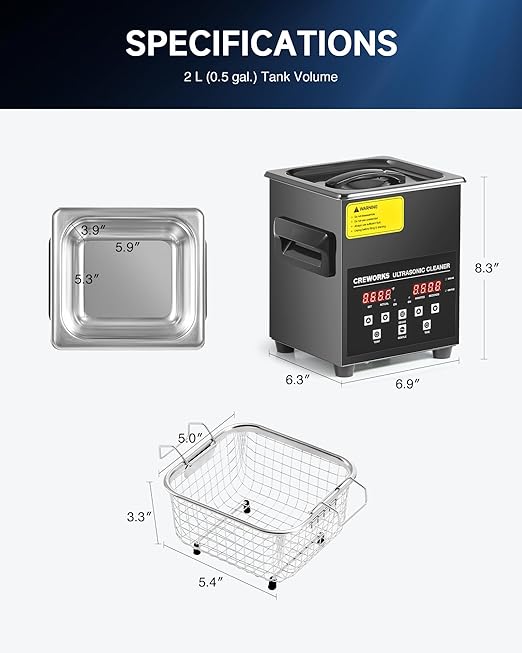 CREWORKS 2L Digital Ultrasonic Cleaning Machine with Degas and Gentle Mode, 60W Ultrasonic Cleaner Machine with Heater and Timer, 0.5 gal Ultrasound Cleaner for Retainer Watch Denture Glasses More