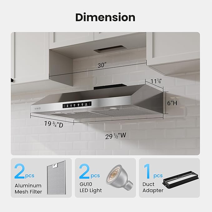 VIKIO HOME 30 Inch Under Cabinet Range Hood 900 CFM, Dual Motor Powerful Kitchen Vent Hood, Gesture & Touch Control, Ultra Quiet DC Motor, Dishwasher-Safe Filters, LED Lights, Stainless Steel