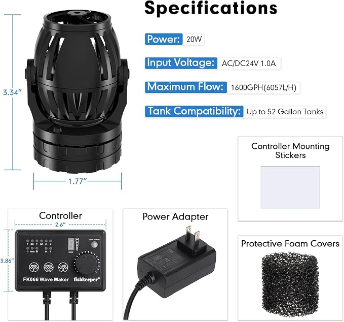 fishkeeper Aquarium Wave Maker, 1600GPH Adjustable Submersible Aquarium Powerhead with Magnetic Suction Base for 15-90 Gallon Tank Circulation Pump for Saltwater Freshwater