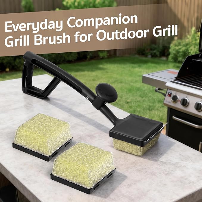GASPRO Grill Brush Bristle Free for Outdoor Grill, BBQ Cleaning Brush Set with 2 Replacement Heads, Heat-Activated Sponge & Scraper, Ergonomic Handle, Safe for Most Grates, Black