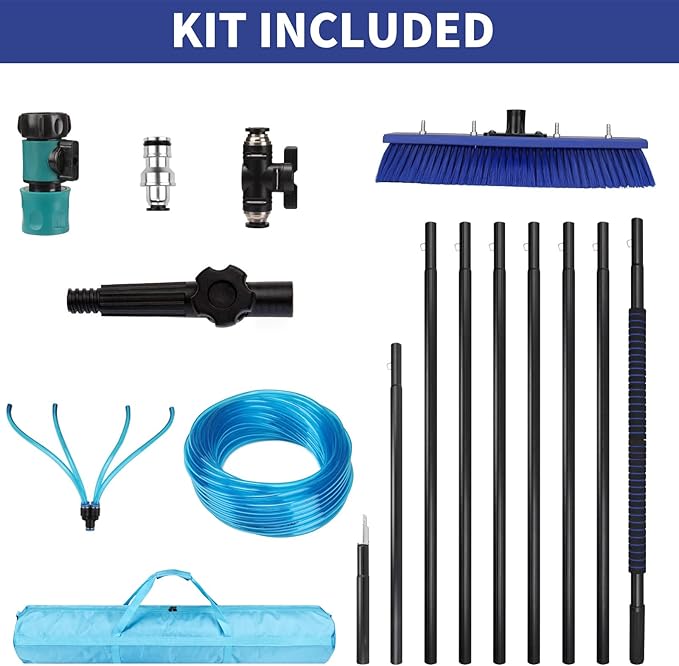 Water Fed Pole Kit, 40 FT Length Adjustable Solar Panel Window Cleaning Brush and Pole, 4-40ft Aluminium Pole Window Washing Kit for Cleaning Windows, Solar Panels and Roof