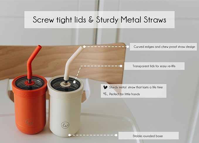 Toddler straw cups spill proof | Set of 2 Stainless steel Baby straw sippy cups for toddlers 2+ 3+ year old | Insulated Kids cup tumblers | Best training cups for toddlers 1-3