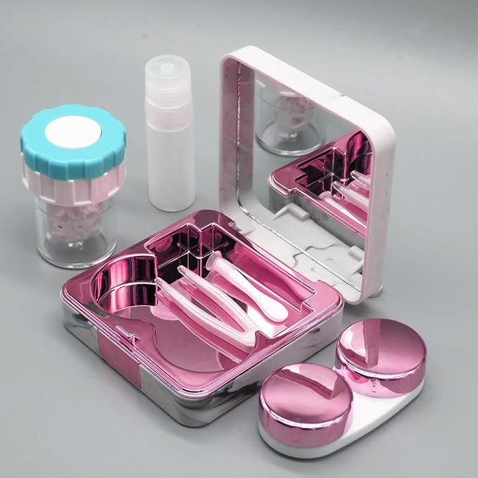 Vastsoon Contact Lens Case with Cleaner Washer, Portable Cute Eye Contacts Colored Lenses Applicator Remover Tool Kit with Mirror Solution Bottle Travel Size for Daily Outdoor (Square, Rose)