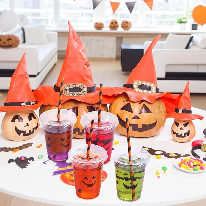 Yaomiao 300 Pcs 12 oz Halloween Plastic Cups with Lids and Straw Halloween Plastic Cup Disposable Clear Tumbler Whiskey Tumbler Black White Emoticons Witch Drinking Set for Party Supply