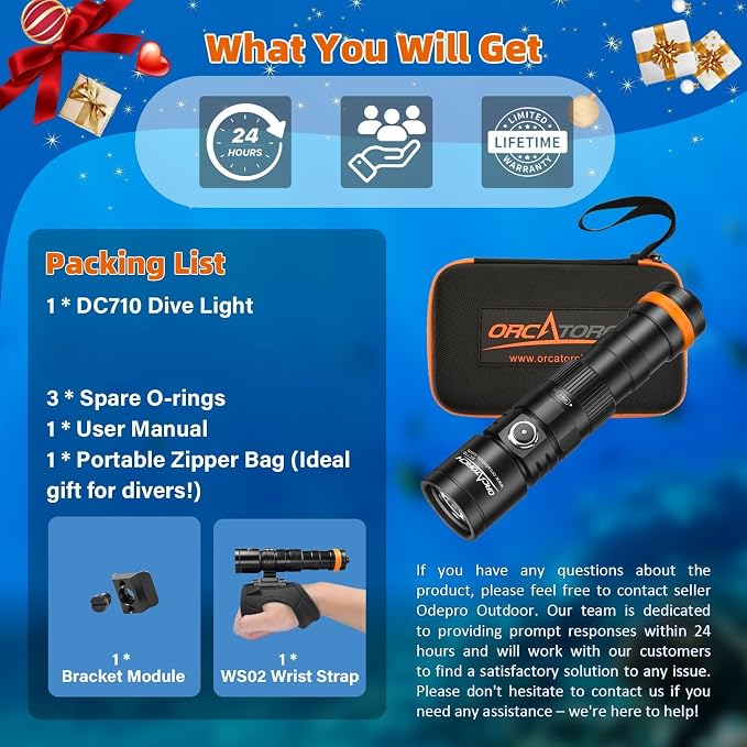 ORCATORCH DC710 Scuba Dive Light, 3000 Lumens Super Bright Underwater Flashlight, IP68 Waterproof Submersible Torch with WS02 Wrist Strap Mount for Hands-Free Diving
