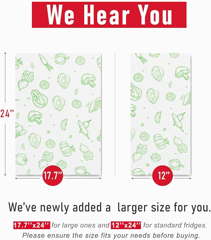 Cooyes Refrigerator Liners, Premium Absorbent Fridge Mats Non-Slip Washable, 12" x 24" Refrigerator Shelf Liners and Mats for Glass Shelves & Kitchen Cabinets, Non-Adhesive(6 PCS Green Veggie)