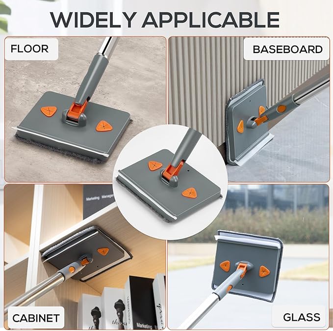 Wall & Base Board Cleaner Tool with 360°Rotating Mop Head, 180°Folding Design for Effortless Baseboards/Ceilings/Wall Cleaning - Adjustable Long Handle Multi-Surface Scrubber & Duster