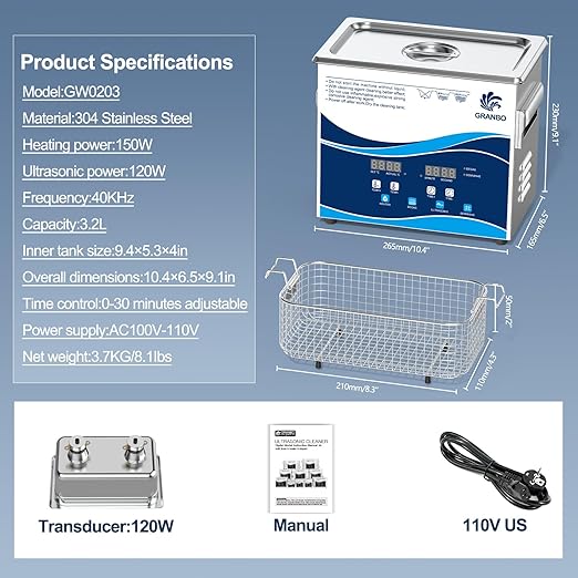 Granbo Ultrasonic Cleaner 3.2L 120W Jewelry Cleaning Ultrasonic Machine 40kHz with Heater Timer and Degassing, 110V Digital Ultrasonic Parts Cleaner for Denture Dental Oral Irrigator Parts Glasses