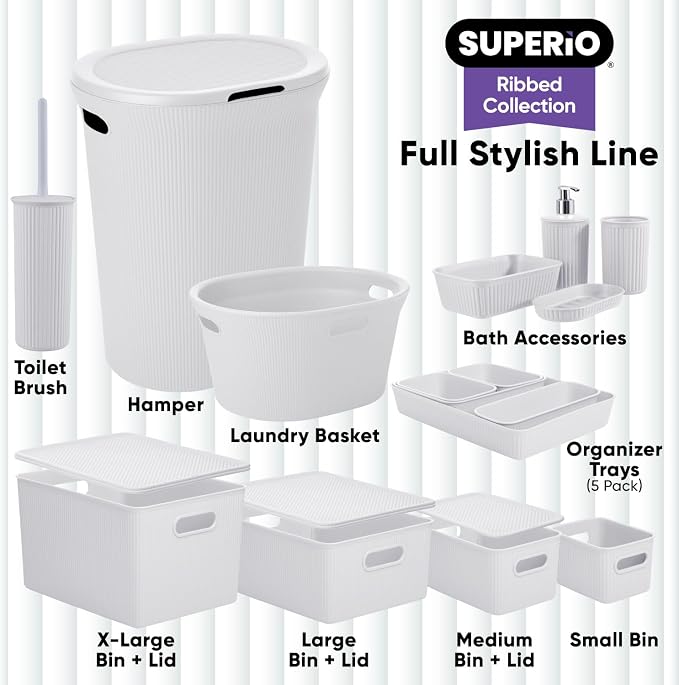 Superio Ribbed Collection - Decorative Plastic Toilet Bowl Brush and Holder Set, White Smoke (1 Pack) Cleaner Scrubber for Bathroom