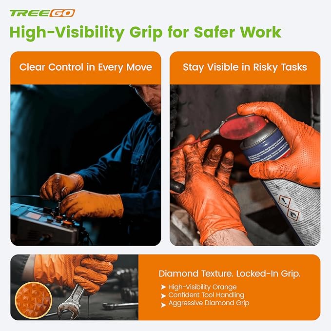 TREEGO 10 Mil Orange Nitrile Gloves Heavy Duty — High-Visibility Diamond Texture Grip, Latex Free Disposable Mechanic Rubber Gloves, XLarge, 100 Count