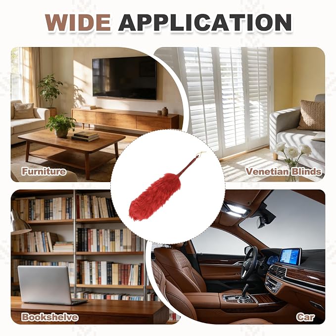 uxcell Wool Duster, 24.4" Natural Feather Cleaner Household Cleaning Duster with Solid Wooden Handle for Cleaning Fans Window Blinds Shelves Furniture, Red