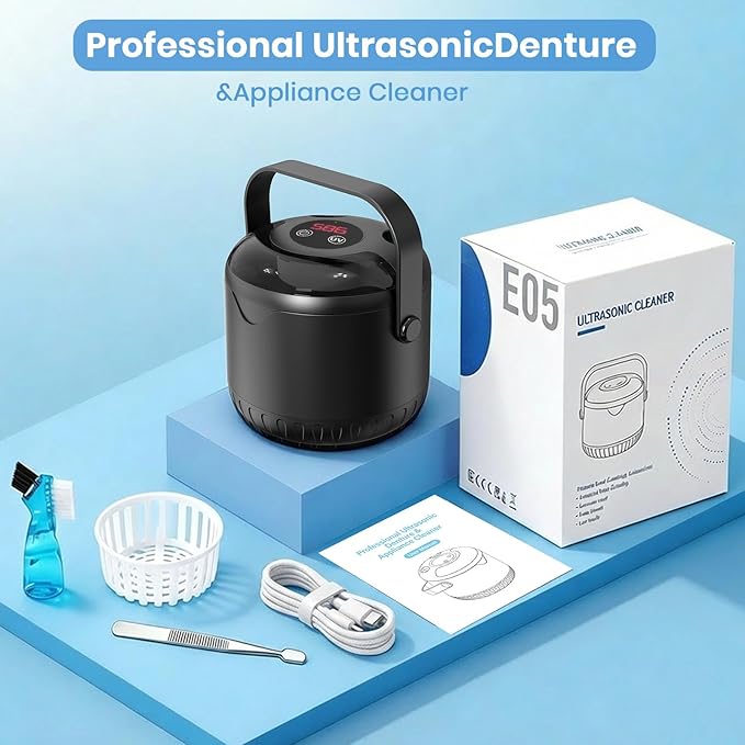 Ultrasonic Retainer Cleaner Machine, Upgraded Handle Design, 45kHz Dentures, Night Guards, Aligners & Jewelry, Digital Timer Deep Cleaning