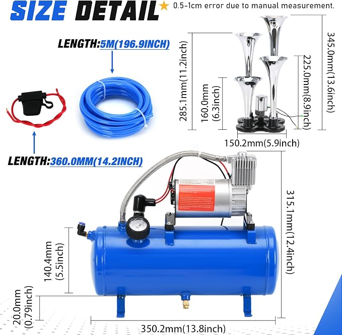 PTNHZ 150DB Train Horns Kit 12V 150PSI Air Compressor Tank Pump w/6 Liter 1.6 Gallon Tank + Super Loud Sliver 4 Double Row Trumpet For Train Truck Boat Pickup Motorhome