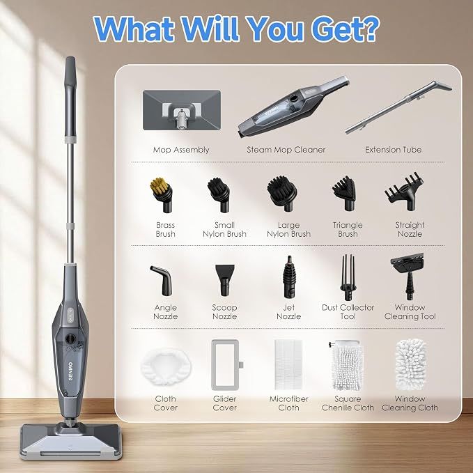 SENMO Steam Mop, 14-in-1 Detachable Steam Cleaner for Home and Floor, 1300W 228°F Deep Cleaning MultiPurpose Floor Steamer with 14 Attachments for Hardwood Floors, Tile, Grout, Furniture, Carpet, Wall