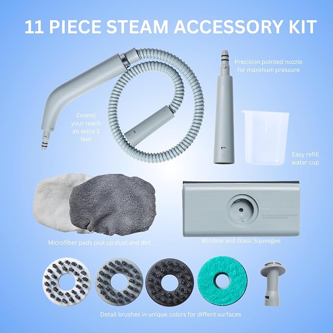 SALAV® CleanSteam Compact Steam Cleaner Pressurized Multi-Surface Handheld Steamer w/11pc Accessories, Safety Lock No-Drip Fast Heat Time Unlimited Use, for Cleaning Windows, Tiles, Grout, Car (White)