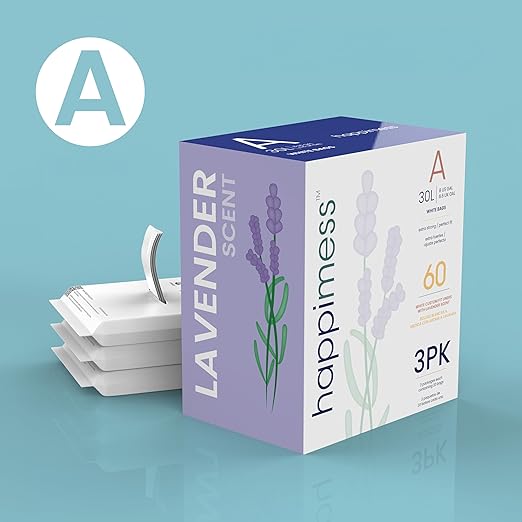 happimess 8 Gallon (30L) Drawstring Trash Bags, Lavender Scent, White, Heavy Duty MDPE Liners for Kitchen and Household, Odor Control, Custom Fit 80 Count (4 Packs of 20 Liners) HPM3101A-W-4SET