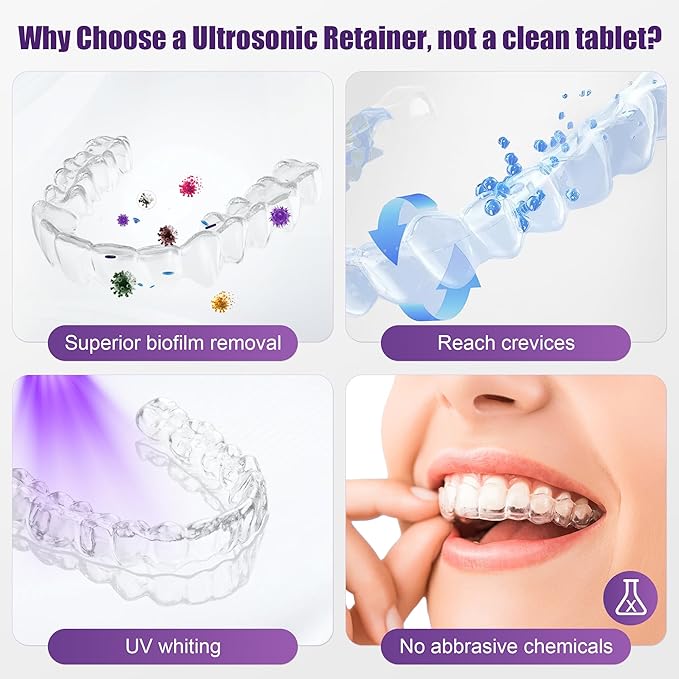 Ultrasonic Dental Retainer Cleaner Machine-45kHz Ultrasonic Cleaner with UV Light & 200ML Deep Cleaning Pod for Dentures Mouth Guards Aligners Invisalign Night Guards Braces Jewelry