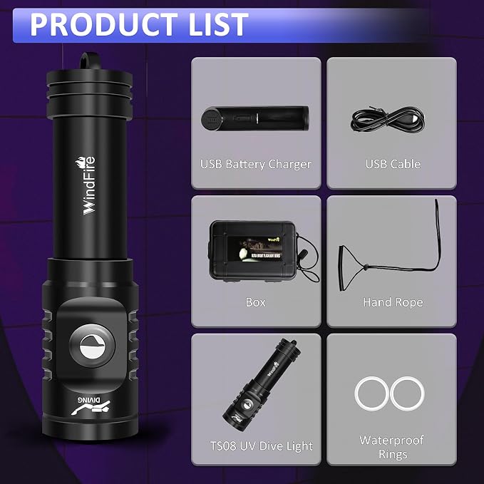 WINDFIRE Dive Light, 395 nm UV Scuba Flashlight, Waterproof Black Light Flashlight with Power Indicator for Scuba Diving, Underwater Fluorescence & Pet Urine Detection
