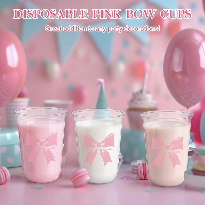 Ziliny 50 Pcs 16oz Pink Bow Cups Birthday Party Decorations Supplies Disposable Plastic Cups for Bachelorette Party Valentines Galentines Day Christmas Wedding Baby Shower