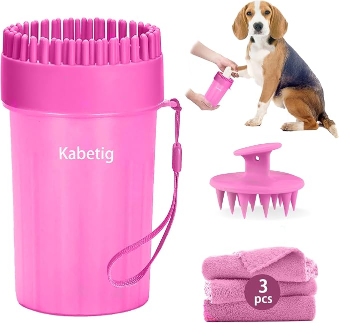 Paw Cleaner for Small/Medium Dogs - Grabs Loose Fur with Top Brush | Clean muddy paws fast. Attached top brush grabs loose fur. No extra tools. Comes with bath brush & 3 towels. Less fur. Pink