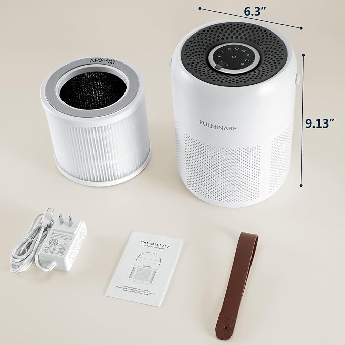 FULMINARE Air Purifiers for Home Bedroom Up to 680 Ft², with H13 HEPA Air Purifier, 360° Intake for Pet Hair, Smoke, Odors. Features 3 Speeds, Timer, 24dB Quiet & Night Light, (White)
