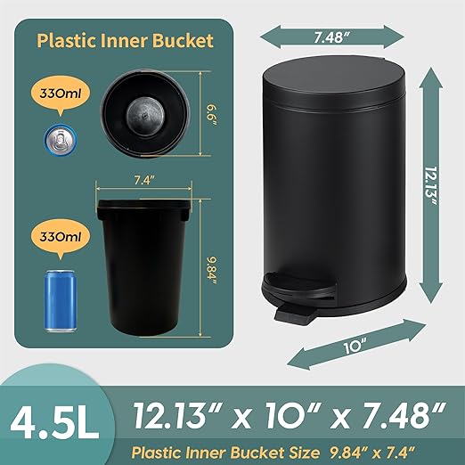 SunnyPoint 4.5 Liter(1.2 Gallon) Small Round Trash Can with Plastic Inner Bucket; Bathroom, Office, Kitchen and Bedroom Step On and Slow Close (BLK) (Pack of 2)