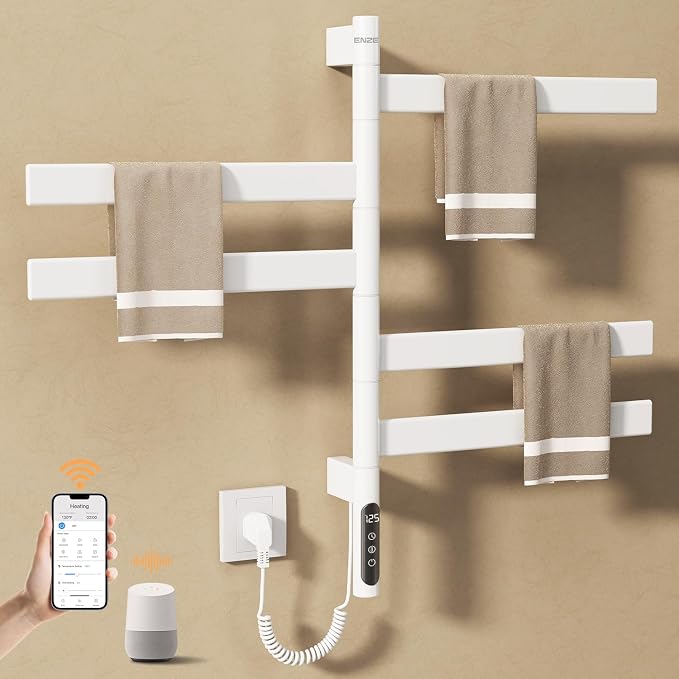 ENZE Smart Rotating Heated Towel Rack for Bathroom, 5-Bar Wall-Mounted Electric Towel Warmer with Swivel Bars, Wi-Fi App Control, 24H Timer, Stainless Steel, IPX5, Hardwired/Plug-in, White