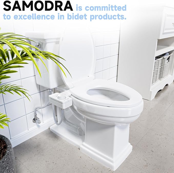 SAMODRA Bidet Attachment for Toilet, Non-Electric Fresh Cold Water Bidet Toilet with Angle Control Dual Nozzle, Adjustable Water Pressure & Self Cleaning Nozzle (1 Unit, WHIET)