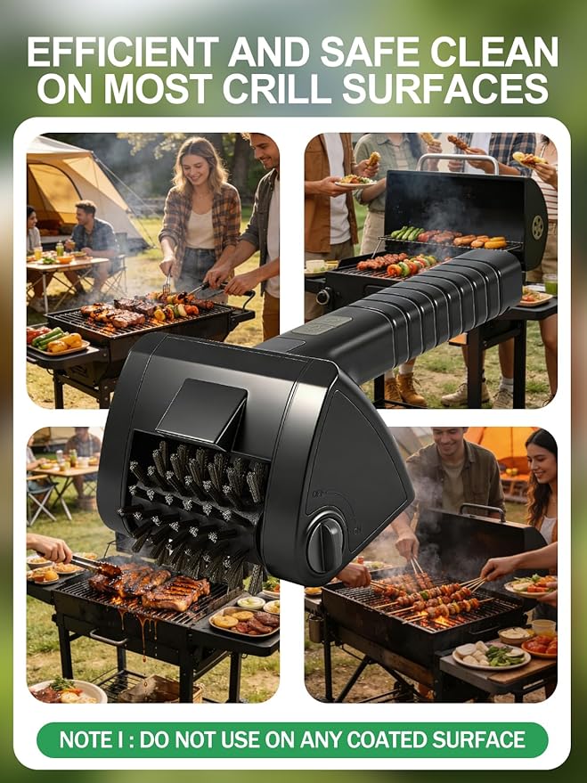 Electric Rotary Grill Brush for Outdoor Grill - Two Speed Automatic Cleaner with 304 Removable Stainless Steel Head, BBQ Grate & Outdoor Cordless Rechargeable Grill Cleaning Tool for BBQ, Home