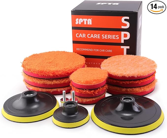 SPTA Microfiber Polishing Pads, 14pcs 3" 5" 6" Microfiber Buffing Pad Kits Removing Wax Buffer Pads Microfiber Cutting Disc Micro Fiber for DA/RO Car Polisher Polishing,Buffing,Waxing and Cleaning