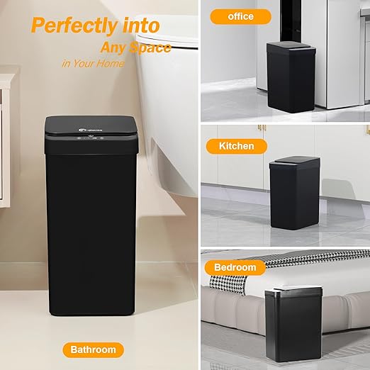4 Gallon Bathroom Smart Touchless Trash Can for Kitchen Automatic Motion Sensor Rubbish Can with Lid Waterproof Narrow Small Garbage Bin for Kitchen, Toilet, Bedroom, RV(Black,Battery)