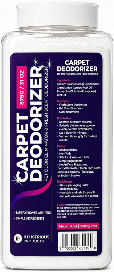 Carpet Deodorizer for Pets – Pet Odor Eliminator Powder for Strong Dog & Cat Urine Odors – Baking Soda Carpet Freshener for Carpets & Rugs – Lemon Eucalyptus Scent – 31 oz